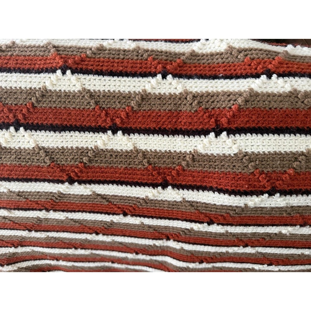 Crochet Diamond Pattern Afghan Creme Tan Orange Black 58"x 63" W/ Fringe